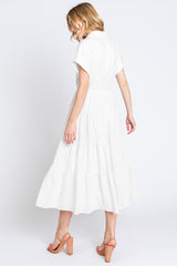 Off White Collar V Neck Cuffed Sleeve Tiered Midi Dress