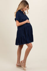 Navy Tiered Linen Maternity Dress