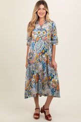 Blue Paisley Print Tiered A-Line Maternity Midi Dress