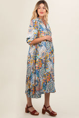 Blue Paisley Print Tiered A-Line Maternity Midi Dress