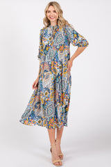 Blue Paisley Print Tiered A-Line Maternity Midi Dress