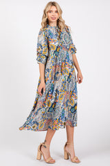 Blue Paisley Print Tiered A-Line Midi Dress