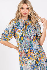 Blue Paisley Print Tiered A-Line Midi Dress