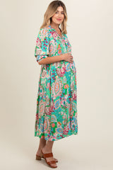 Emerald Paisley Print Tiered A-Line Maternity Midi Dress