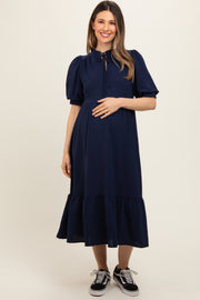 Navy Balloon Sleeve Split Neck Maternity Midi Dress