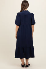 Navy Balloon Sleeve Split Neck Maternity Midi Dress