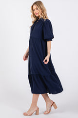 Navy Balloon Sleeve Split Neck Midi Dress