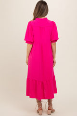 Fuchsia Balloon Sleeve Split Neck Maternity Midi Dress