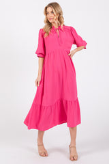 Fuchsia Balloon Sleeve Split Neck Midi Dress