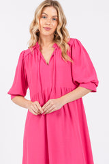 Fuchsia Balloon Sleeve Split Neck Midi Dress