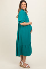 Jade Balloon Sleeve Split Neck Maternity Midi Dress