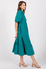 Jade Balloon Sleeve Split Neck Midi Dress