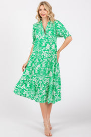 Green Floral V-Neck Tiered Midi Dress