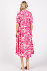 Fuchsia Floral V-Neck Tiered Midi Dress