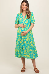 Turquoise Floral V-Neck Tiered Maternity Midi Dress