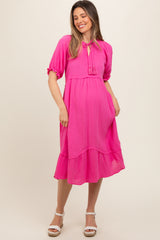 Pink Tassel Tie Maternity Midi Dress