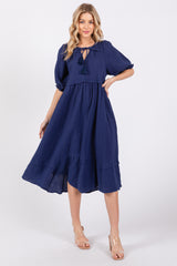 Navy Blue Tassel Tie Maternity Midi Dress