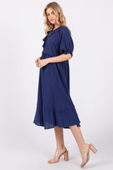 Navy Blue Tassel Tie Midi Dress