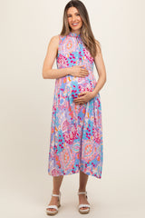 Lavender Floral Paisley Mock Neck Maternity Midi Dress