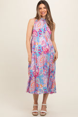 Lavender Floral Paisley Mock Neck Maternity Midi Dress