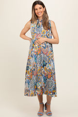 Navy Blue Floral Paisley Mock Neck Maternity Midi Dress