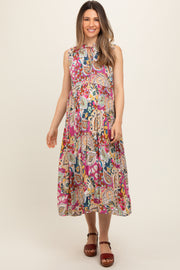 Pink Floral Paisley Mock Neck Maternity Midi Dress