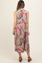 Pink Floral Paisley Mock Neck Maternity Midi Dress