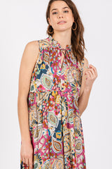 Pink Floral Paisley Mock Neck Midi Dress