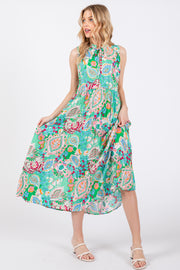 Emerald Green Floral Paisley Mock Neck Midi Dress