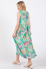 Emerald Green Floral Paisley Mock Neck Midi Dress