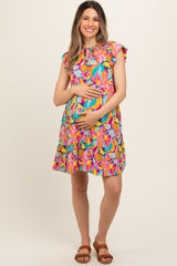 Purple Print Front Tie Tiered Maternity Dress