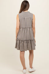 Black Gingham Button Front Collared Maternity Dress