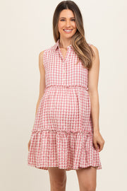 Pink Gingham Button Front Collared Maternity Dress