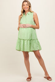 Green Gingham Button Front Collared Maternity Dress