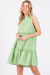 Green Gingham Button Front Collared Dress