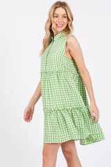 Green Gingham Button Front Collared Dress