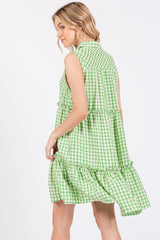 Green Gingham Button Front Collared Dress