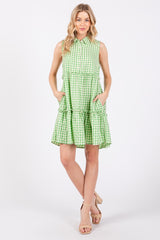 Green Gingham Button Front Collared Dress