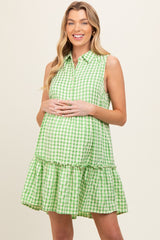 Green Gingham Button Front Collared Maternity Dress