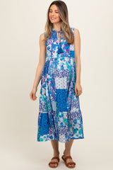 Blue Floral Paisley Tassel Tie Ruffle Hem Maternity Midi Dress