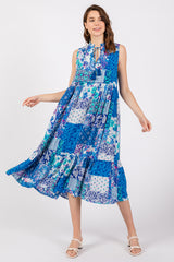 Blue Floral Paisley Tassel Tie Ruffle Hem Maternity Midi Dress