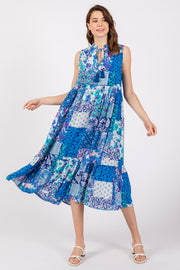 Blue Floral Paisley Tassel Tie Ruffle Hem Midi Dress