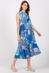 Blue Floral Paisley Tassel Tie Ruffle Hem Midi Dress