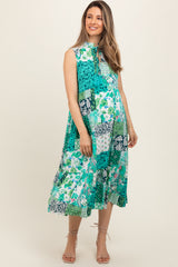 Emerald Green Floral Paisley Tassel Tie Ruffle Hem Maternity Midi Dress