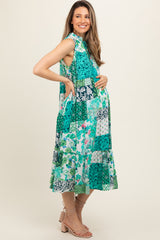 Emerald Green Floral Paisley Tassel Tie Ruffle Hem Maternity Midi Dress