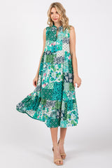 Emerald Green Floral Paisley Tassel Tie Ruffle Hem Midi Dress