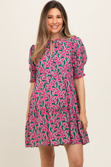 Pink Floral Front Tie Puff Sleeve Maternity Dress