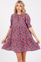 Pink Floral Front Tie Puff Sleeve Dress