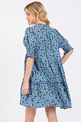 Blue Floral Front Tie Puff Sleeve Dress