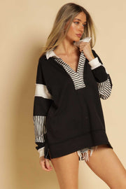 Black Striped Colorblock Collared Pullover Top